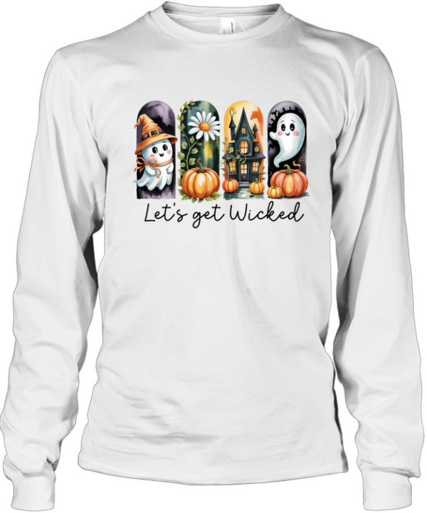 Let's Get Wicked Cute Ghost Haunted House Pumpkin Halloween T- Long Sleeved T-shirt