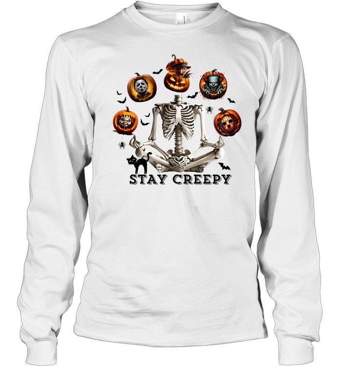 Meditating Yoga Skeleton Slasher Pumpkins Halloween T- Long Sleeved T-shirt