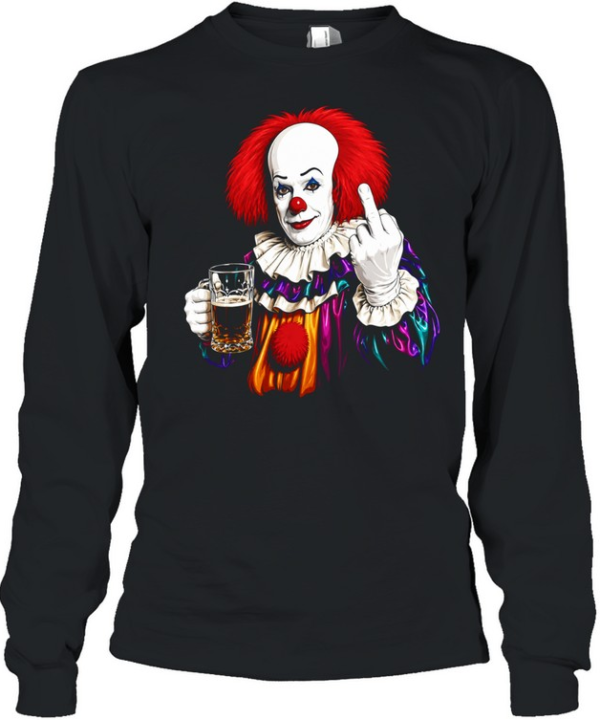 Pennywise the Dancing Clown It Franchise flipping middle finger with beer  Long Sleeved T-shirt