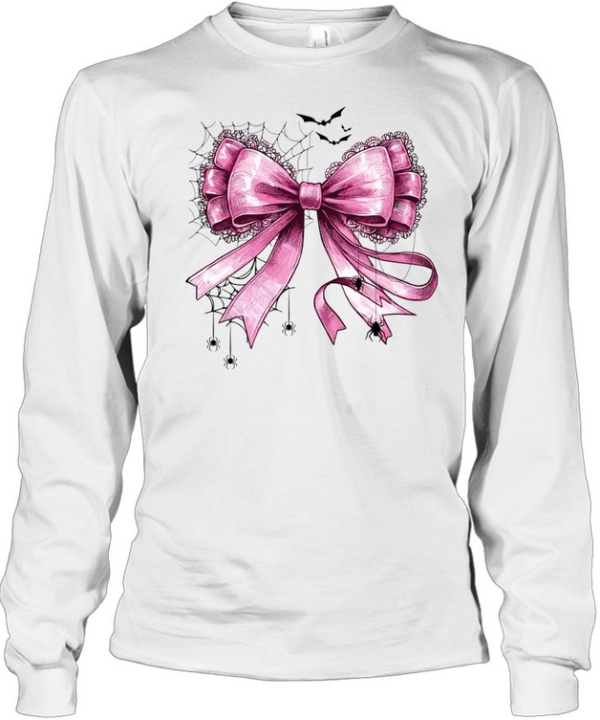 Pink Coquette Bow Spider Web Lace Ribbon Halloween T- Long Sleeved T-shirt
