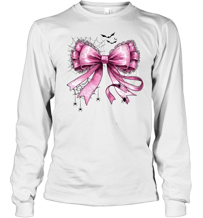 Pink Coquette Bow Spider Web Lace Ribbon Halloween T- Long Sleeved T-shirt