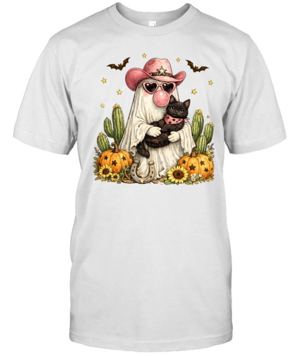 Pink Cowboy Ghost Holding Black Cat Pumpkin Cactus Halloween T- Classic Men's T-shirt