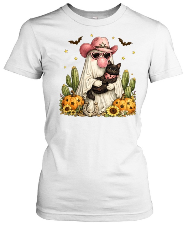 Pink Cowboy Ghost Holding Black Cat Pumpkin Cactus Halloween T- Classic Women's T-shirt