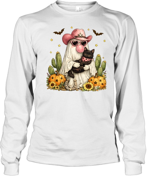Pink Cowboy Ghost Holding Black Cat Pumpkin Cactus Halloween T- Long Sleeved T-shirt