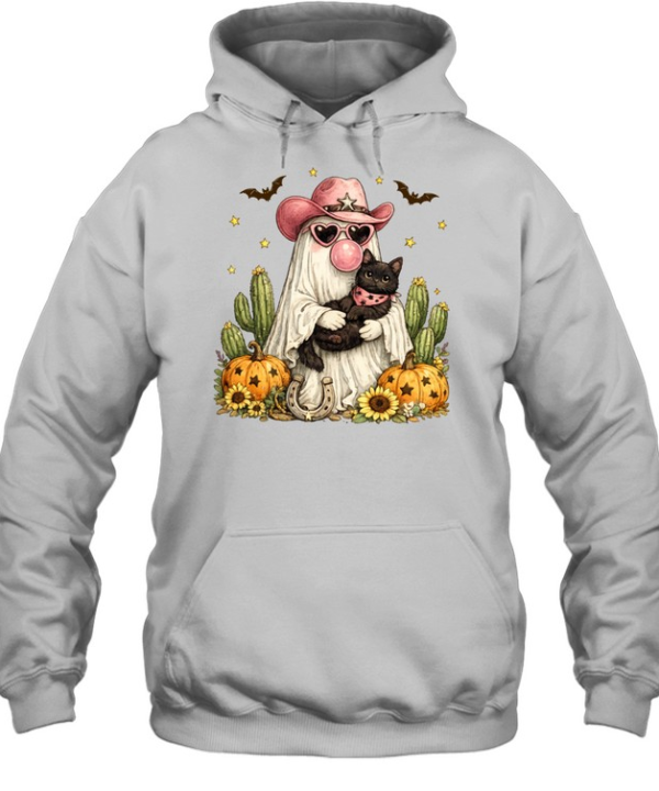 Pink Cowboy Ghost Holding Black Cat Pumpkin Cactus Halloween T- Unisex Hoodie