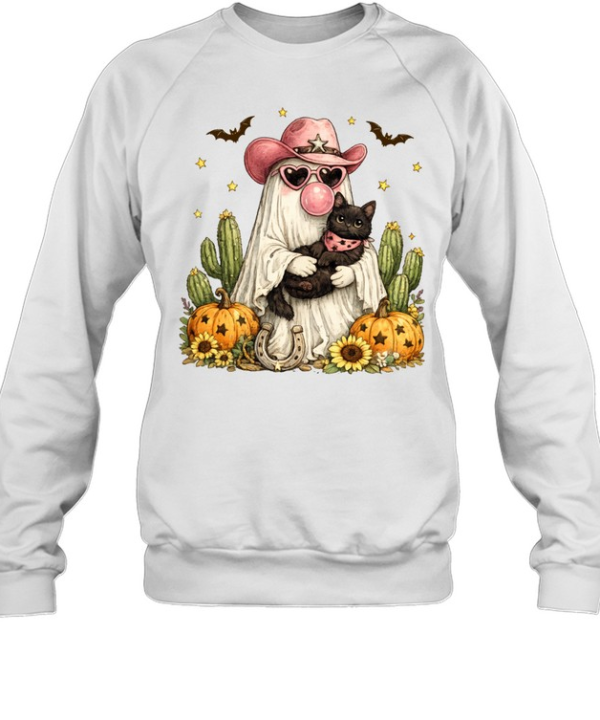 Pink Cowboy Ghost Holding Black Cat Pumpkin Cactus Halloween T- Unisex Sweatshirt