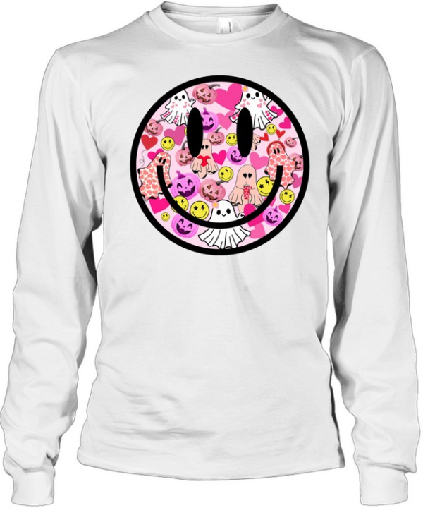 Pink Halloween Smiley Face Ghost Pumpkin Coquette T- Long Sleeved T-shirt
