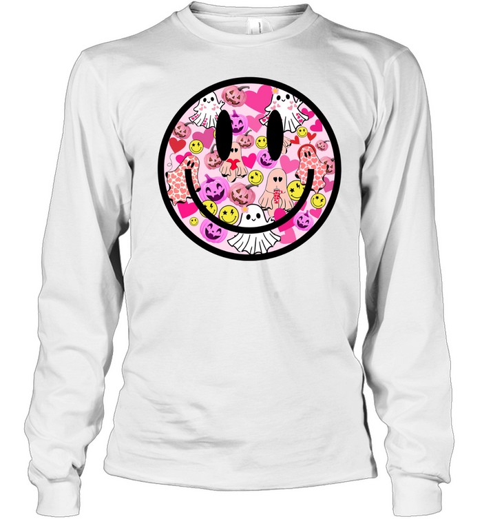 Pink Halloween Smiley Face Ghost Pumpkin Coquette T- Long Sleeved T-shirt