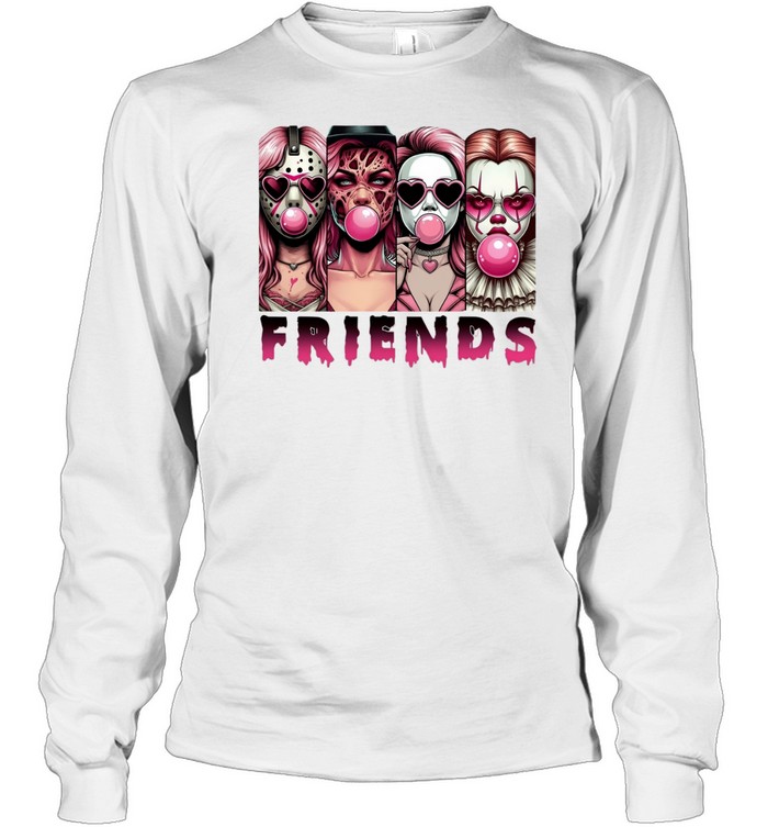 Pink Horror Friends Slasher Girls Blowing Bubble Gum Halloween Long Sleeved T-shirt