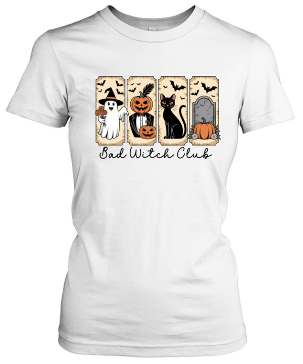 Retro Bad Witch Club Graphic Tee Witch Ghost Tuxedo Pumpkin Black Cat Spooky  Classic Women's T-shirt