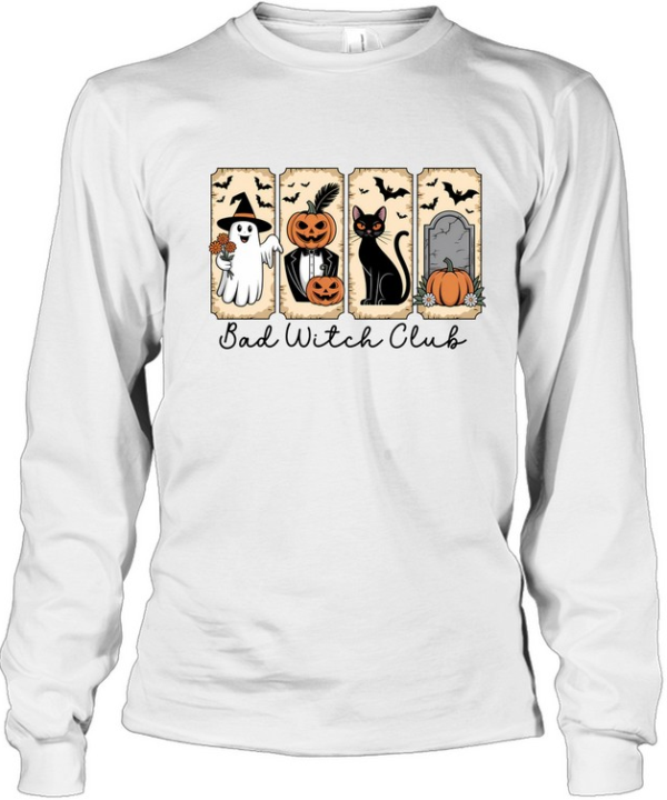 Retro Bad Witch Club Graphic Tee Witch Ghost Tuxedo Pumpkin Black Cat Spooky  Long Sleeved T-shirt