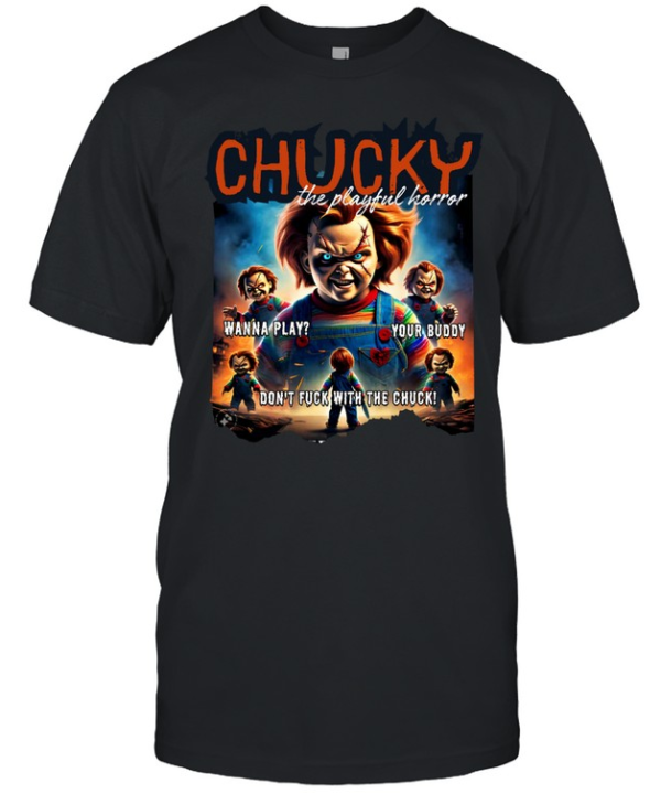 Retro Chucky Graphic Tee Wanna Play Creepy Doll Horror Movie Spooky Classic Men's T-shirt