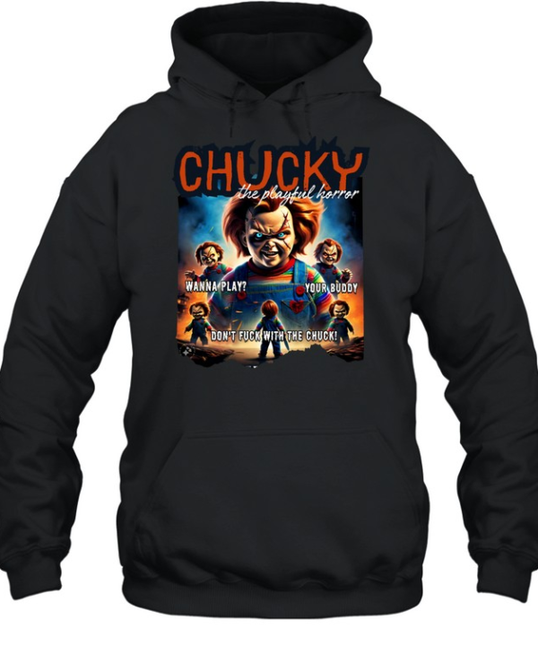 Retro Chucky Graphic Tee Wanna Play Creepy Doll Horror Movie Spooky  Unisex Hoodie