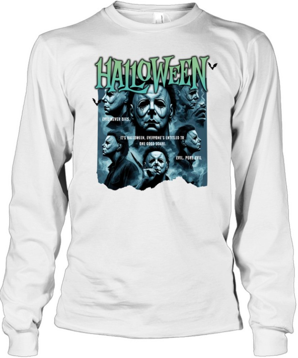 Retro Halloween Graphic Tee Evil Pure Evil Masked Killer Horror Fan Spooky  Long Sleeved T-shirt