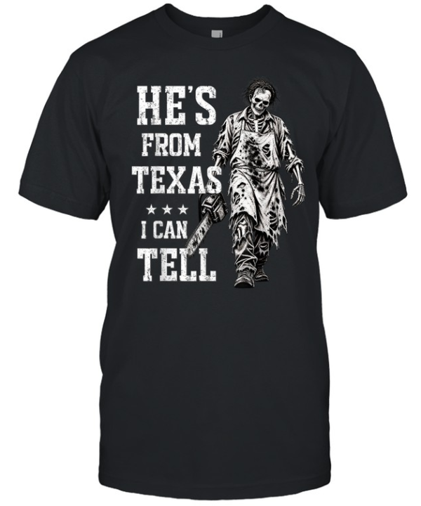 Retro He's From Texas Graphic Tee Chainsaw Slasher Skeleton Apron Spooky  Classic Men's T-shirt