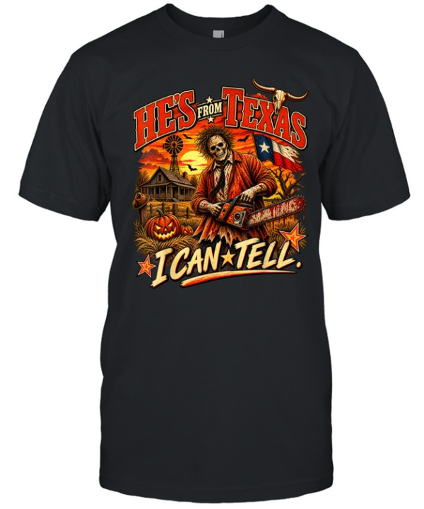 Retro He's From Texas Graphic Tee Chainsaw Slasher Skeleton Red Coat Pumpkin Spooky  Classic Men's T-shirt