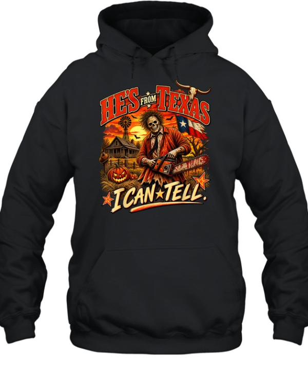 Retro He's From Texas Graphic Tee Chainsaw Slasher Skeleton Red Coat Pumpkin Spooky  Unisex Hoodie