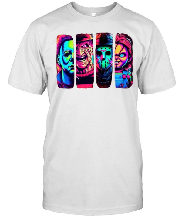Retro Neon Slasher Movie Villains Graphic Tee Glow Horror Characters Panel  Classic Men's T-shirt