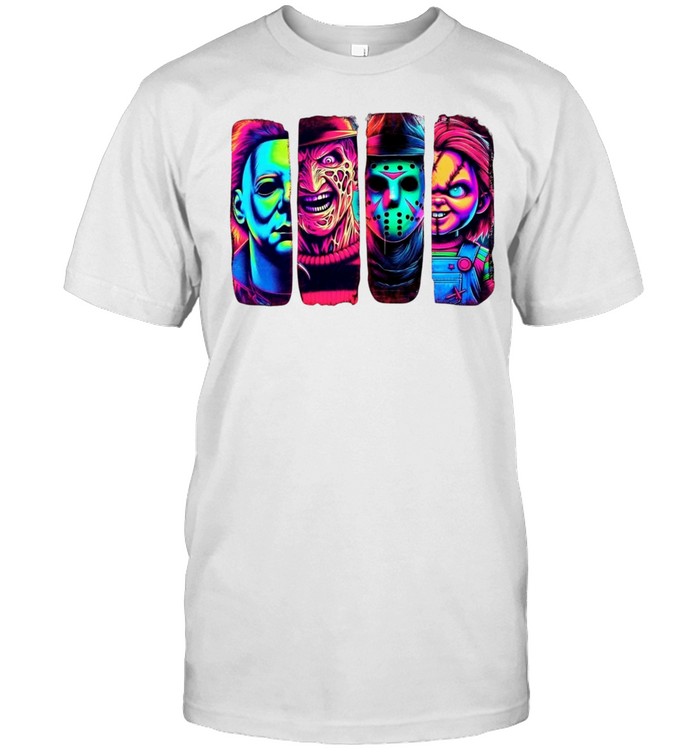 Retro Neon Slasher Movie Villains Graphic Tee Glow Horror Characters Panel Classic Men's T-shirt Retro Neon Slasher Movie Villains Graphic Tee Glow Horror Characters Panel Classic Men's T-shirt