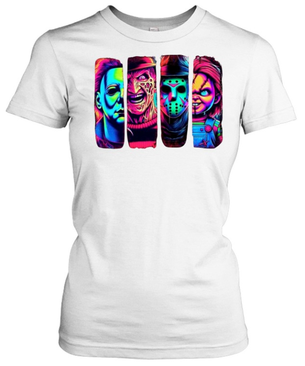 Retro Neon Slasher Movie Villains Graphic Tee Glow Horror Characters Panel Classic Women's T-shirt