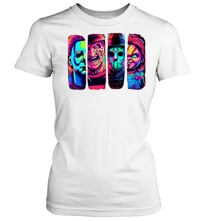 Retro Neon Slasher Movie Villains Graphic Tee Glow Horror Characters Panel Classic Women's T-shirt