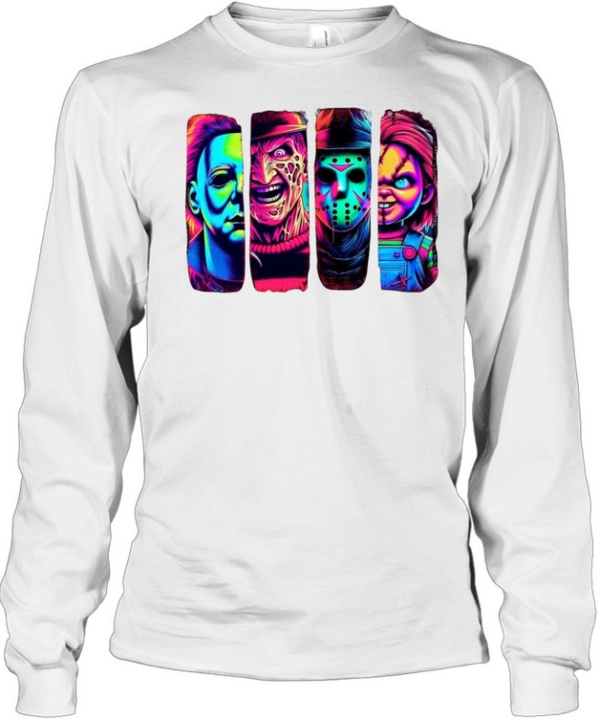 Retro Neon Slasher Movie Villains Graphic Tee Glow Horror Characters Panel Long Sleeved T-shirt