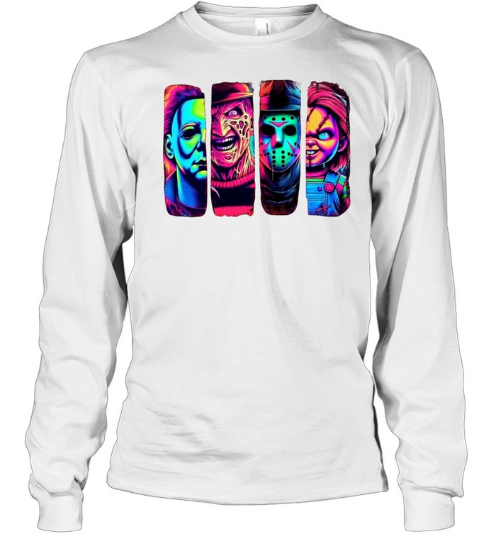 Retro Neon Slasher Movie Villains Graphic Tee Glow Horror Characters Panel Long Sleeved T-shirt