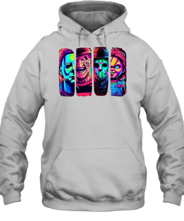 Retro Neon Slasher Movie Villains Graphic Tee Glow Horror Characters Panel Unisex Hoodie