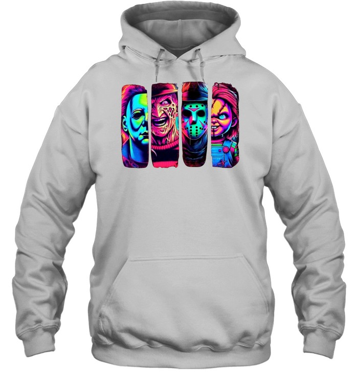 Retro Neon Slasher Movie Villains Graphic Tee Glow Horror Characters Panel Unisex Hoodie Retro Neon Slasher Movie Villains Graphic Tee Glow Horror Characters Panel Unisex Hoodie