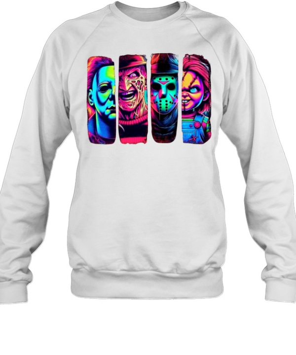 Retro Neon Slasher Movie Villains Graphic Tee Glow Horror Characters Panel Unisex Sweatshirt