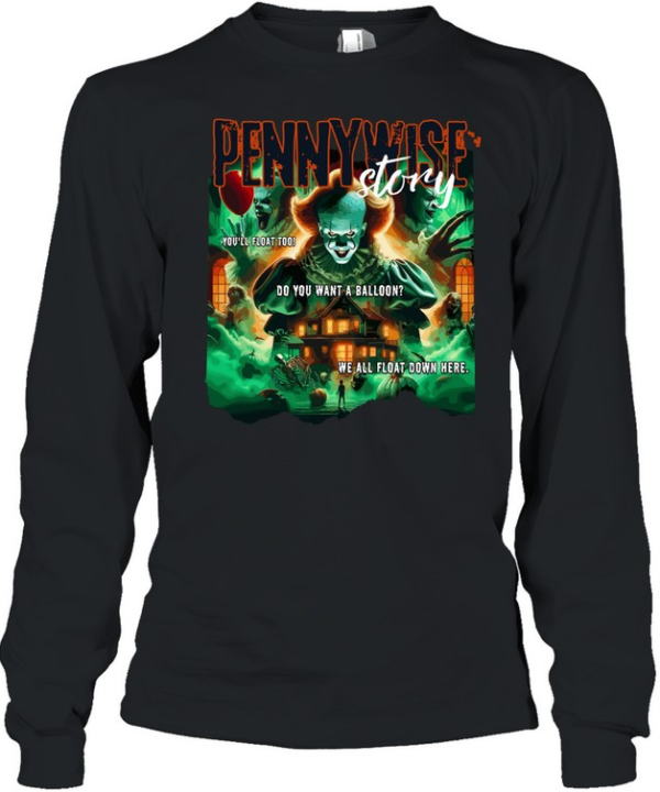 Retro Pennywise Story Graphic Tee Scary Clown Red Balloon Horror Movie Spooky Long Sleeved T-shirt