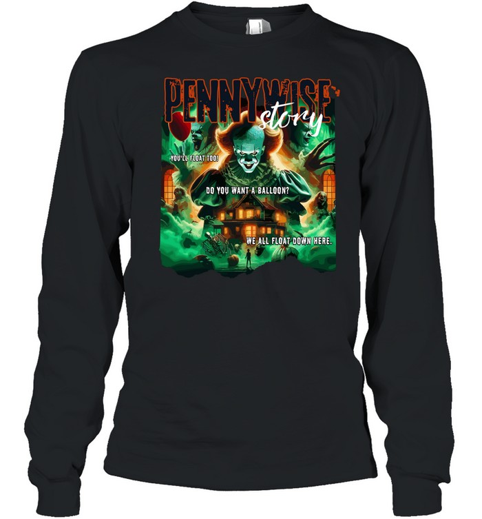Retro Pennywise Story Graphic Tee Scary Clown Red Balloon Horror Movie Spooky Long Sleeved T-shirt
