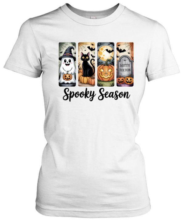 Retro Spooky Season Graphic Tee Cute Witch Ghost Black Cat Moonlit Graveyard Spooky  Classic Women's T-shirt