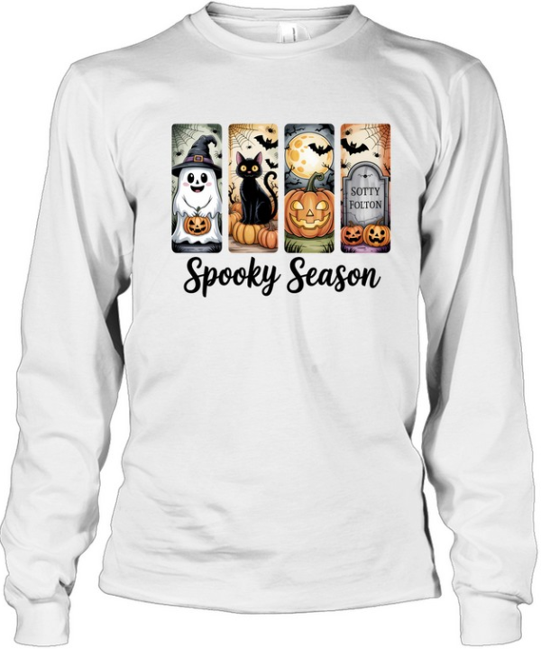 Retro Spooky Season Graphic Tee Cute Witch Ghost Black Cat Moonlit Graveyard Spooky  Long Sleeved T-shirt