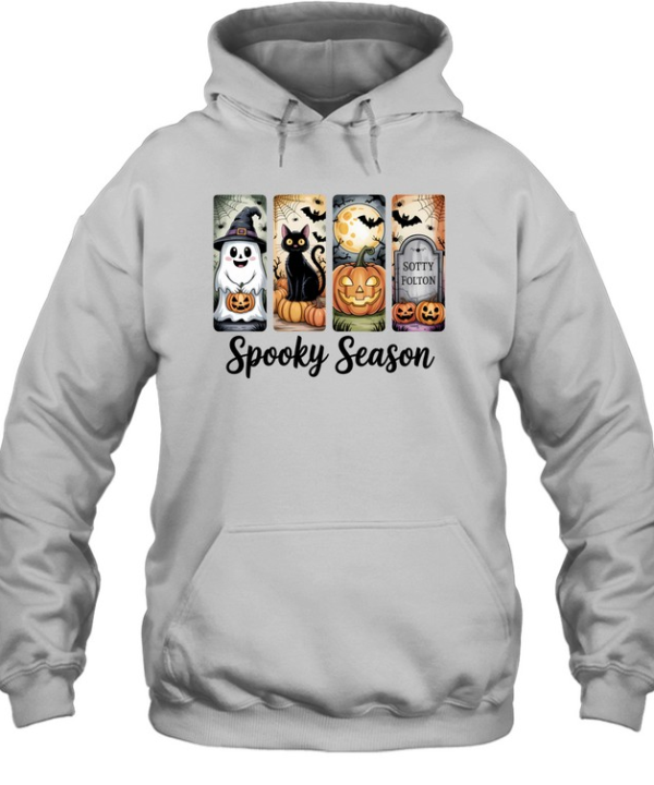 Retro Spooky Season Graphic Tee Cute Witch Ghost Black Cat Moonlit Graveyard Spooky  Unisex Hoodie