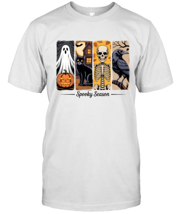 Retro Spooky Season Graphic Tee Haunted House Black Cat Skull Raven Horror Classic Men's T-shirt