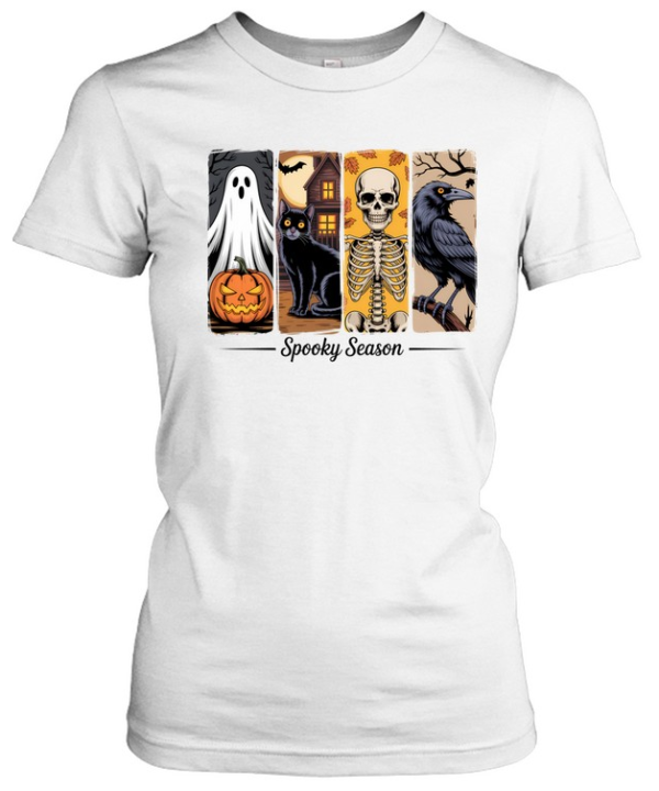Retro Spooky Season Graphic Tee Haunted House Black Cat Skull Raven Horror  Classic Women's T-shirt