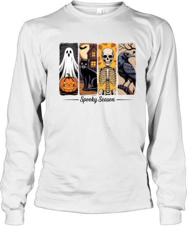 Retro Spooky Season Graphic Tee Haunted House Black Cat Skull Raven Horror  Long Sleeved T-shirt