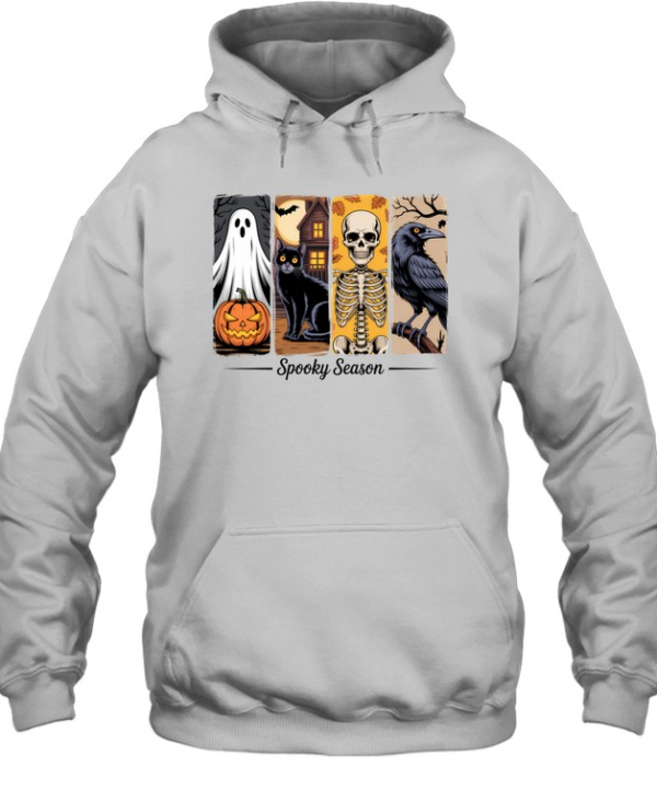 Retro Spooky Season Graphic Tee Haunted House Black Cat Skull Raven Horror  Unisex Hoodie