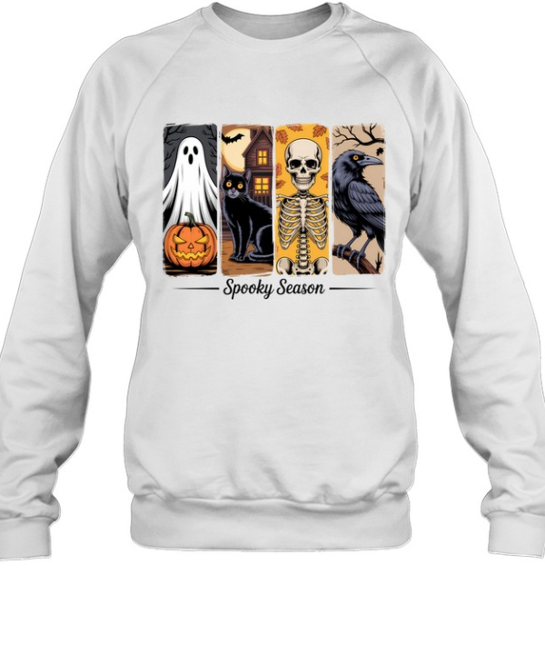 Retro Spooky Season Graphic Tee Haunted House Black Cat Skull Raven Horror  Unisex Sweatshirt