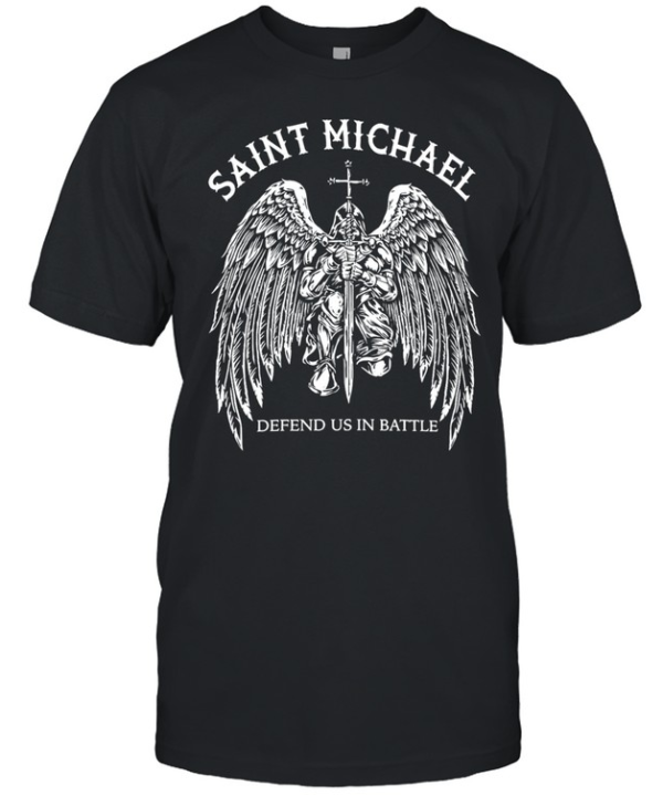 Saint Michael Defend Us In Battle Kneeling Archangel Knight Holding Sword Wings  Classic Men's T-shirt