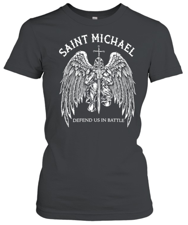 Saint Michael Defend Us In Battle Kneeling Archangel Knight Holding Sword Wings  Classic Women's T-shirt