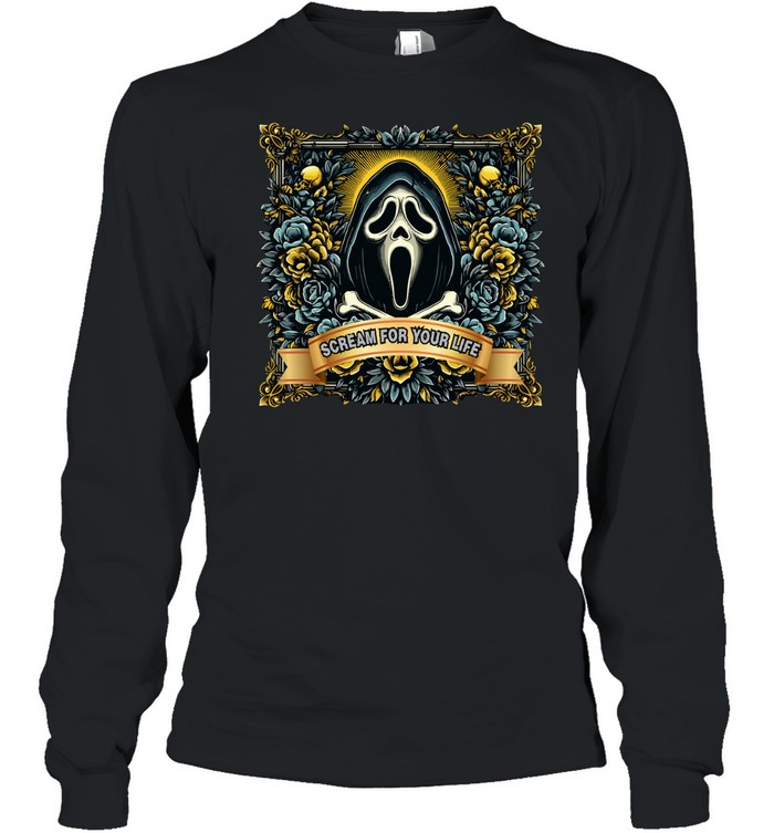 Scream For Your Life Ghostface Floral Gothic Halloween Graphic T- Long Sleeved T-shirt