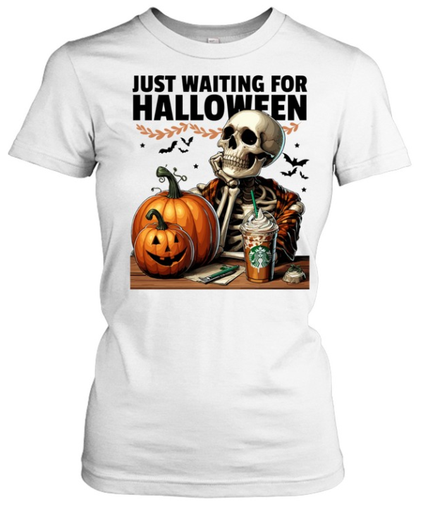 Skeleton Drinking Iced Coffee Pumpkins Fall Halloween T- Classic Women's T-shirt