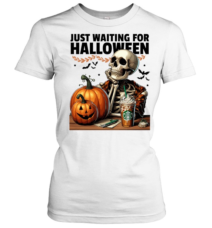 Skeleton Drinking Iced Coffee Pumpkins Fall Halloween T- Classic Women's T-shirt