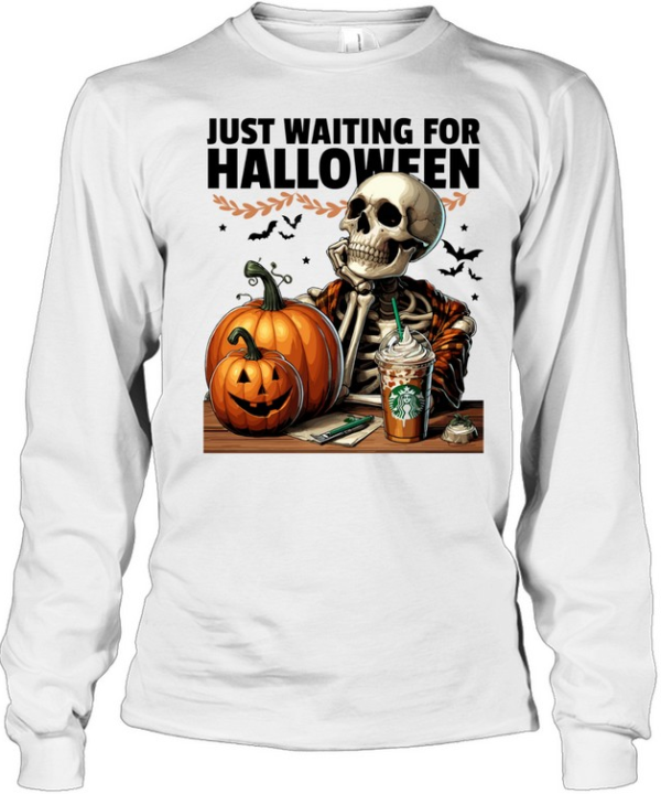 Skeleton Drinking Iced Coffee Pumpkins Fall Halloween T- Long Sleeved T-shirt