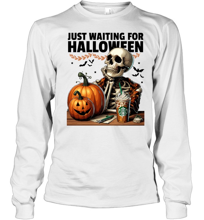Skeleton Drinking Iced Coffee Pumpkins Fall Halloween T- Long Sleeved T-shirt
