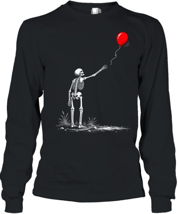 Skeleton Watching Lost Arm Red Balloon Aesthetic Halloween Long Sleeved T-shirt