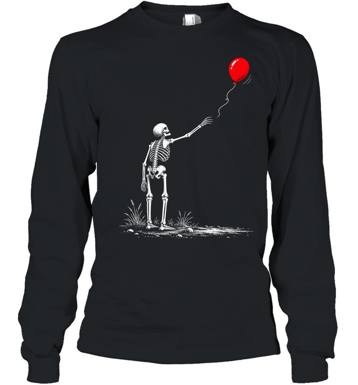 Skeleton Watching Lost Arm Red Balloon Aesthetic Halloween Long Sleeved T-shirt