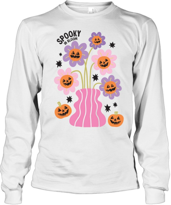 Spooky In Bloom Retro Daisy Pumpkin Vase Halloween T- Long Sleeved T-shirt
